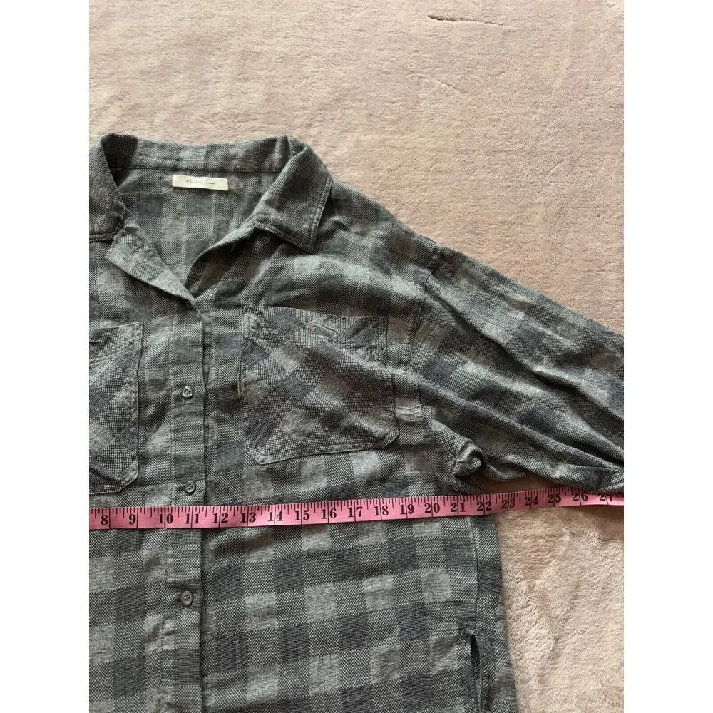 Mustard Seed Top Shirt Plaid Pull On Sleeve V‎ Neck Hi Low Hem Boho Sz S - Picture 7 of 10